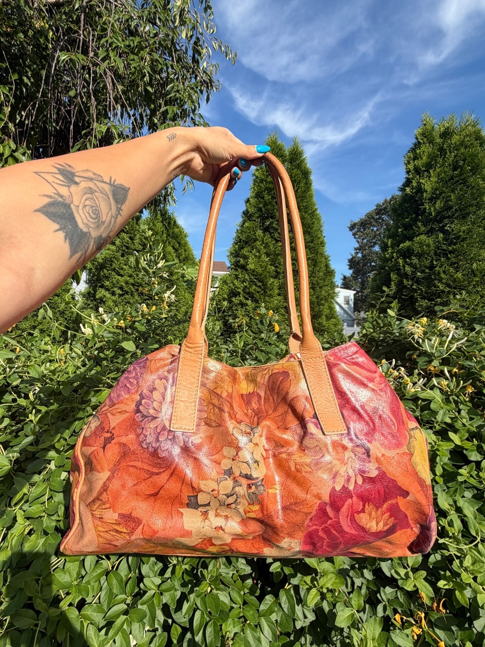 Maurizio Taiuti Floral Hand Painted Leather Shoulder Bag Made in Italy Art Purse